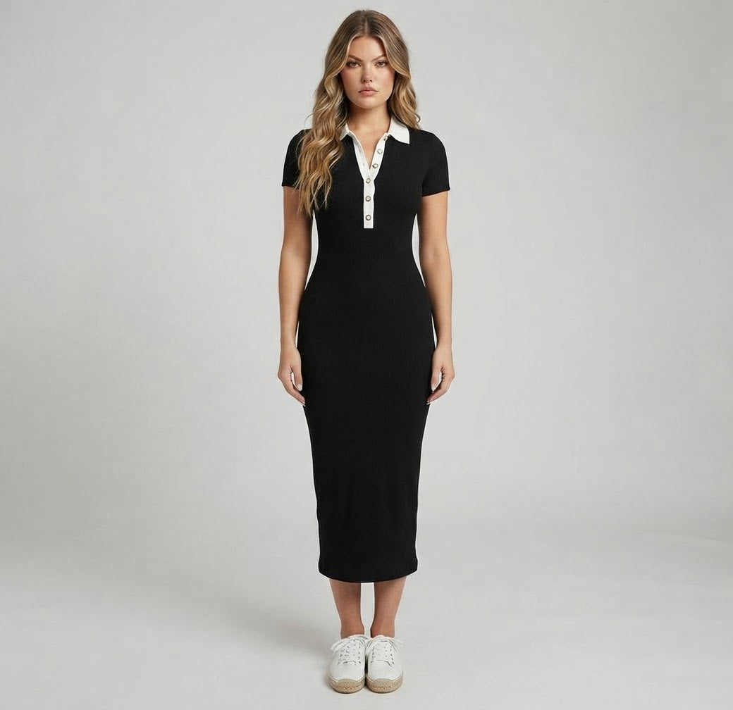 Robe Longue Coton Col Polo Bicolore – Élégance Intemporelle